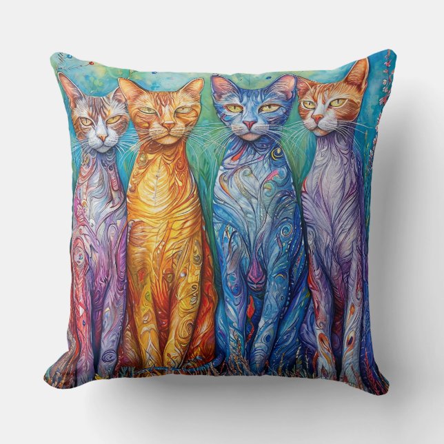 Cute colourful cats painting throw pillow (Front)