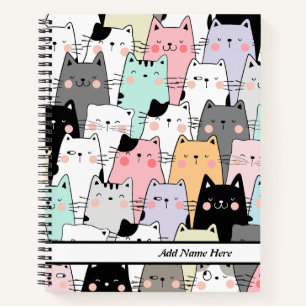 Cute Colourful Cats Pattern Customizable Name  Notebook