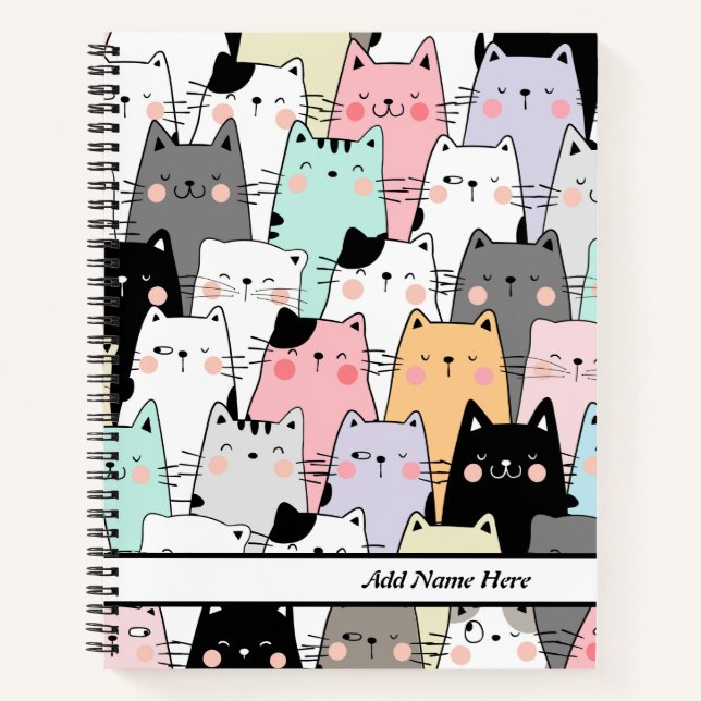 Cute Colourful Cats Pattern Customizable Name  Notebook (Front)