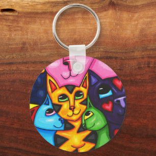 Cute Colourful Cats whimsical Art Original paintin Keychain