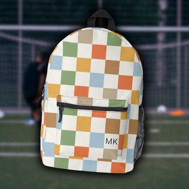 Cute Colourful Chequerboard Monogram Initials Printed Backpack (Creator Uploaded)