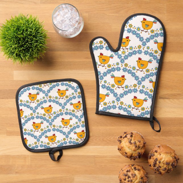 Cute colourful chicken and flower oven mitt & pot holder set (Top Down)