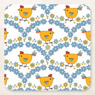Cute colourful chicken and flower square paper coaster