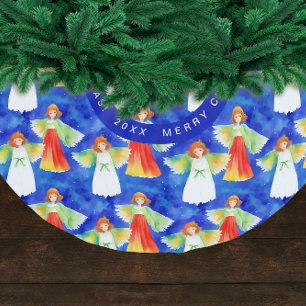Cute Colourful Christmas Angels Watercolor Brushed Polyester Tree Skirt