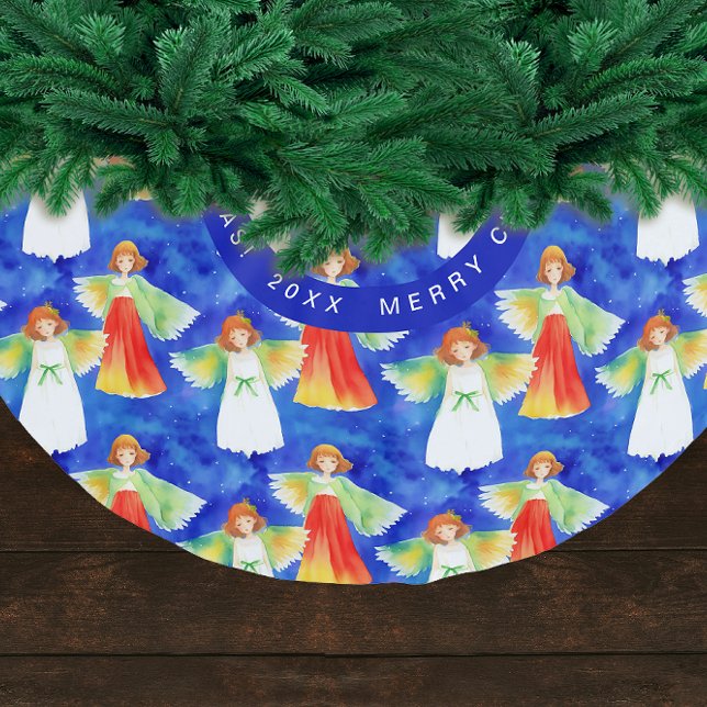 Cute Colourful Christmas Angels Watercolor Brushed Polyester Tree Skirt (Creator Uploaded)