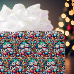 Cute Colourful Christmas Cats Stained Glass Patter Wrapping Paper