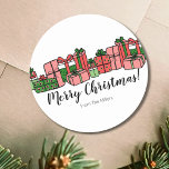 Cute Colourful Christmas Classic Round Sticker<br><div class="desc">Wish everyone a very Merry Christmas with this cute and colourful Christmas Present themed sticker. You can change all of the font to customize it to your own sayings in addition to your family names. The colour palette includes a cheerful mix of reds, pinks, and both dark and light shades...</div>