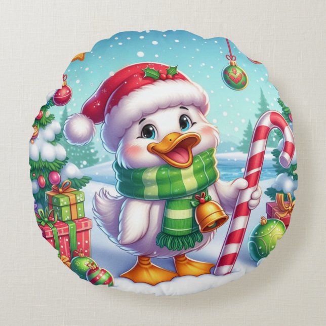 Cute Colourful Christmas duck Round Pillow (Front)