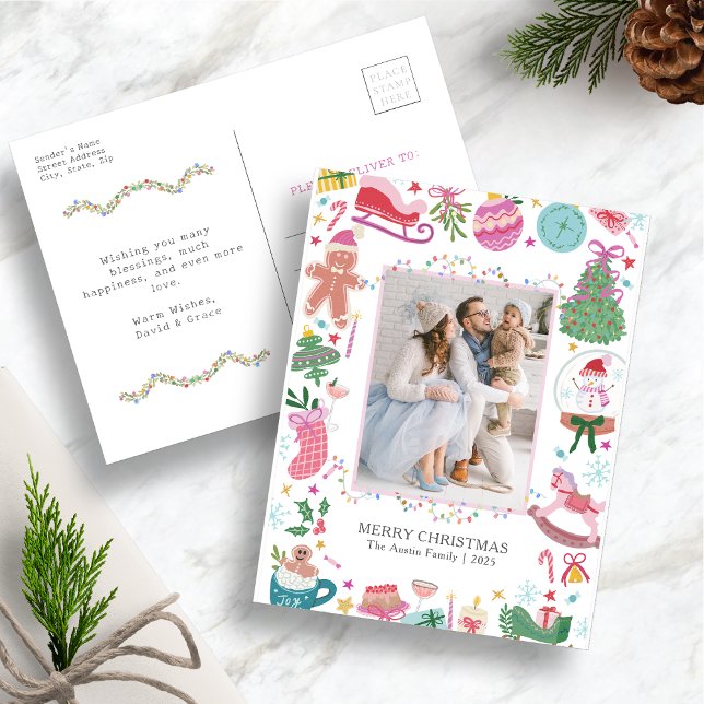 Cute Colourful Christmas Postcard (Hand-drawn Whimsical Charm Chic Holiday  Colorful Christmas Photo Postcard by Painted Paperie)