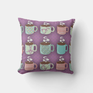 Cute Colourful Coffee Cups Illustrated Pattern Throw Pillow