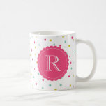 Cute Colourful Confetti Dots Pattern Monogram Mug<br><div class="desc">Colourful and modern monogram mug featuring hot pink,  blue and dark yellow polka dots pattern with hot pink scallop-edge tag. This personalized girly mug will be perfect as a gift.</div>