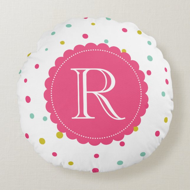 Cute Colourful Confetti Dots Pattern Monogram Roun Round Pillow (Front)