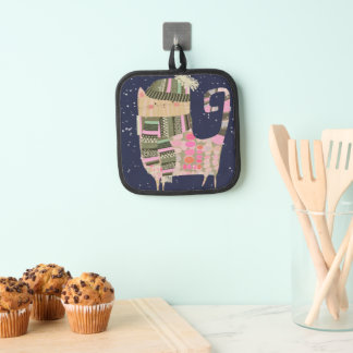 Cute Colourful Cozy Cat in Snowfall Oven Mitt Pot Holder
