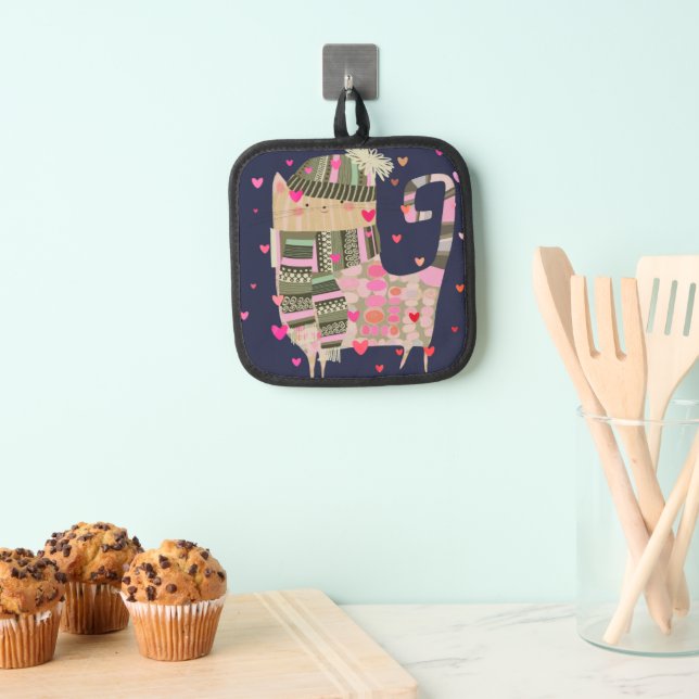 Cute Colourful Cozy Cat with Hearts Oven Mitt Pot Holder (Insitu(Hanging))