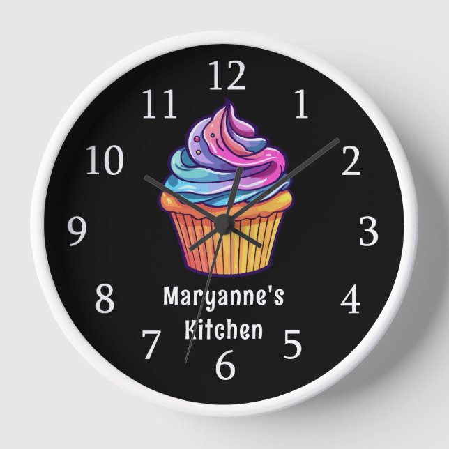 Cute Colourful Cupcake On Black Custom Kitchen  Clock (Front)