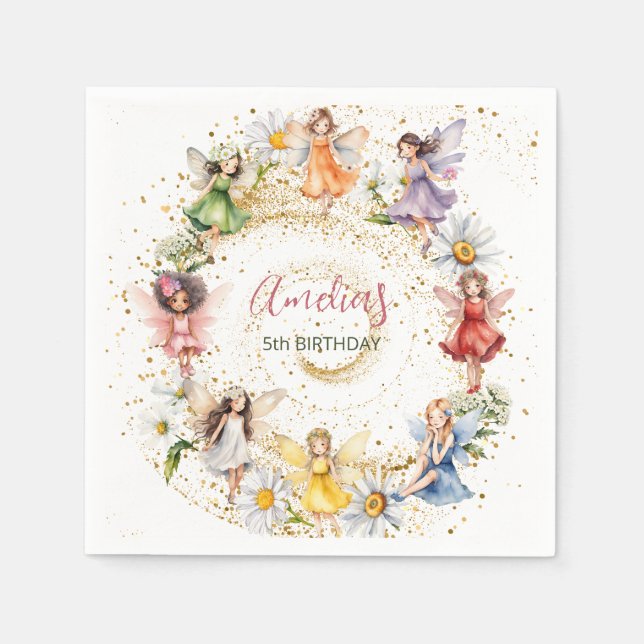 Cute Colourful Dancing Floral Fairies Gold Glitter Napkin (Front)