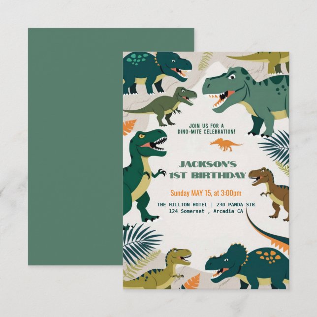 Cute Colourful Dino Party |  Dinosaurs 1st Birthda Invitation (Front/Back)