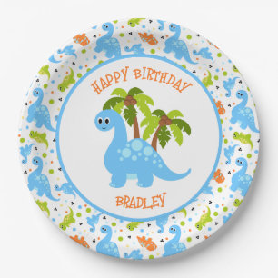 Cute Colourful Dinosaur and Palm Tree Paper Plate