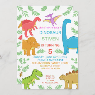 Cute Colourful Dinosaur Birthday Invitation