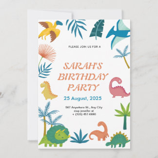 Cute Colourful Dinosaur Birthday Invitation for Ki