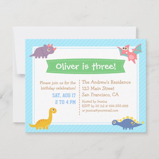 Cute Colourful Dinosaur Birthday Party Invitation (Front)