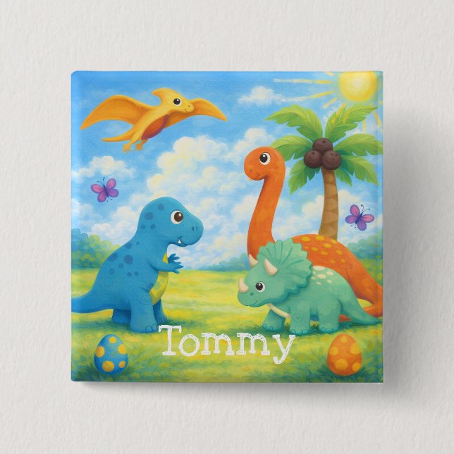 Cute Colourful Dinosaur Friends Kids  2 Inch Square Button (Front)