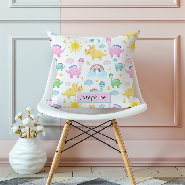 Cute Colourful Dinosaur Pattern Girly Name Throw Pillow (Creator Uploaded)