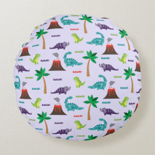 Cute Colourful Dinosaurs and Volcanos Round Pillow