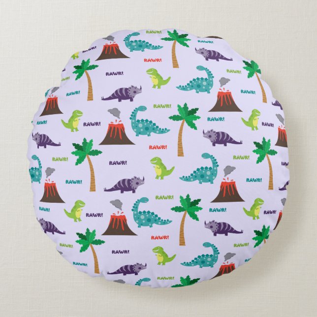 Cute Colourful Dinosaurs and Volcanos Round Pillow (Front)
