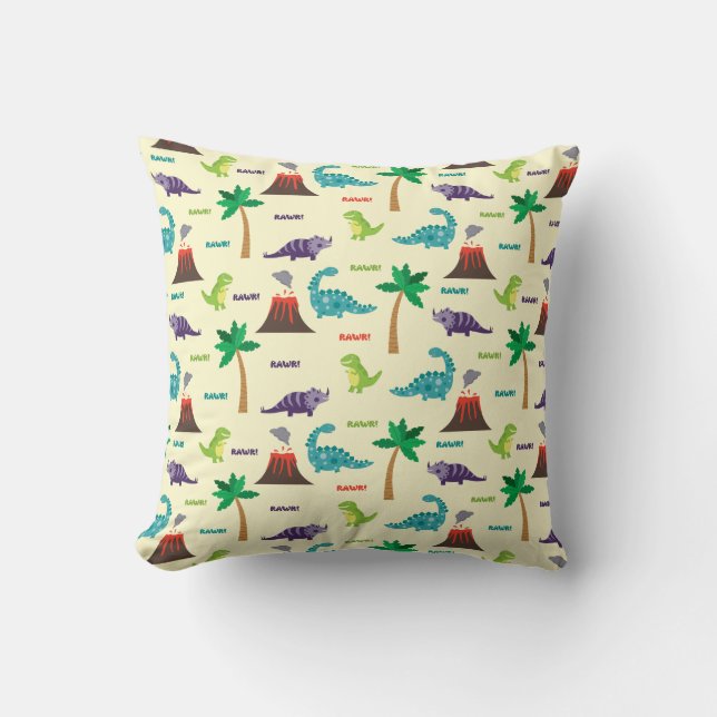 Cute Colourful Dinosaurs and Volcanos Throw Pillow (Front)
