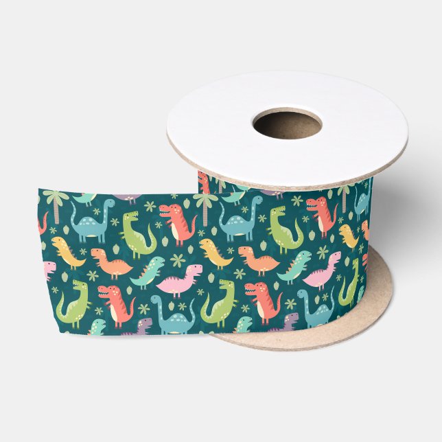 Cute Colourful Dinosaurs at Night Satin Ribbon (Spool)