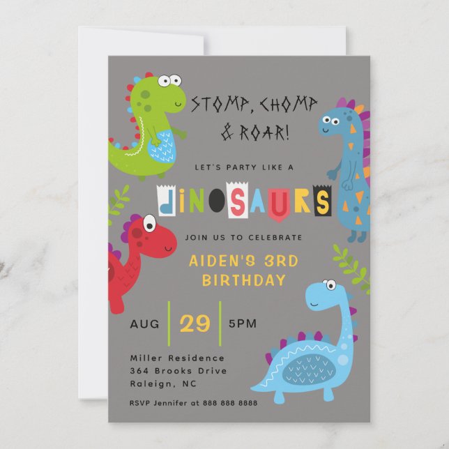 Cute colourful Dinosaurs Birthday Invitation (Front)