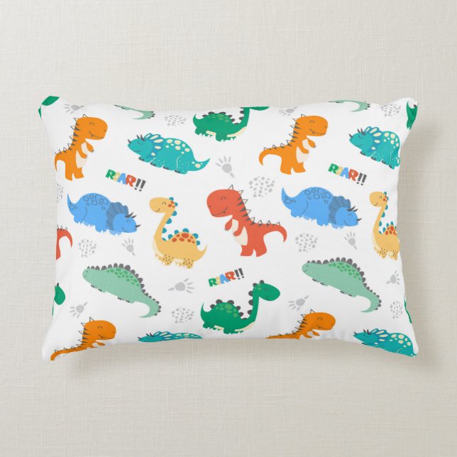 Cute Colourful Dinosaurs Illustrated Pattern Accent Pillow (Front)