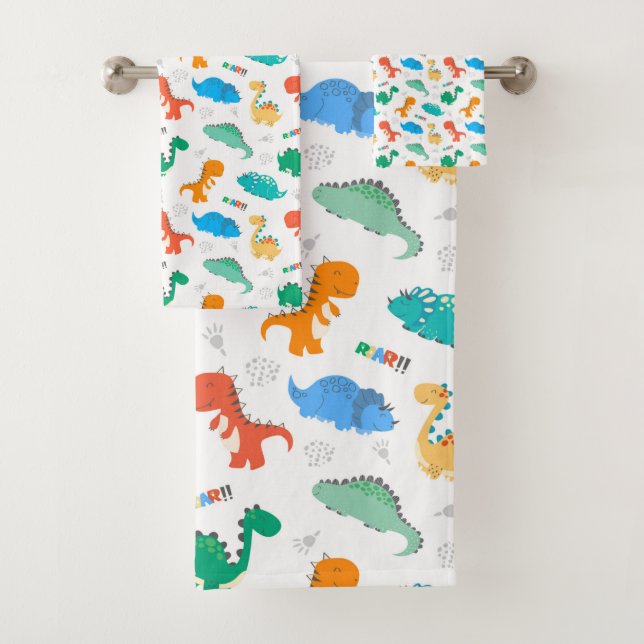 Cute Colourful Dinosaurs Illustrated Pattern Bath Towel Set (Insitu)
