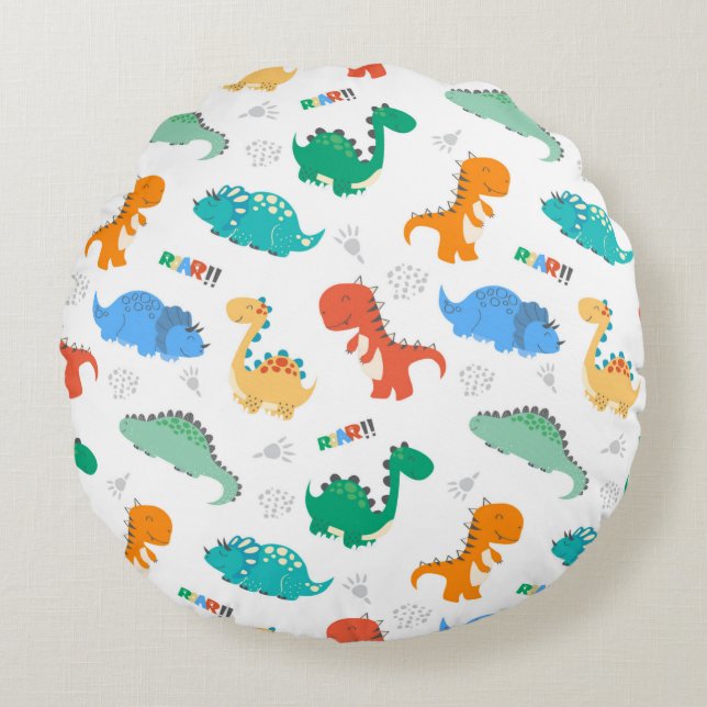 Cute Colourful Dinosaurs Illustrated Pattern Round Pillow (Front)