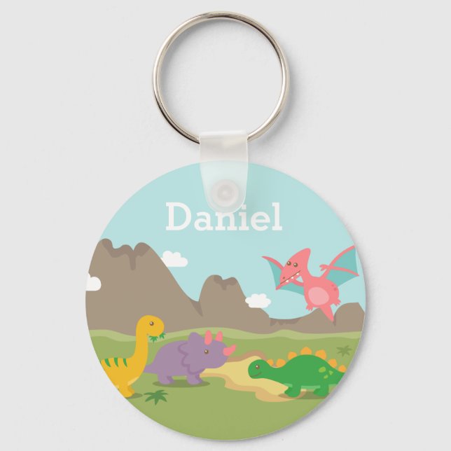 Cute Colourful Dinosaurs Kids Personalized Keychain (Front)