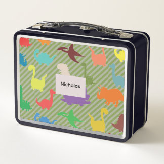 Cute Colourful Dinosaurs on Stripes Metal Lunch Box