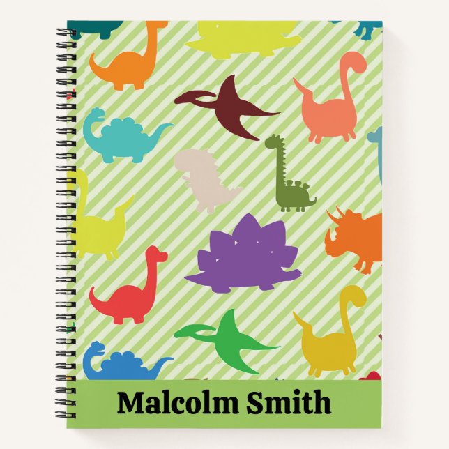 Cute Colourful Dinosaurs on Stripes Notebook (Front)