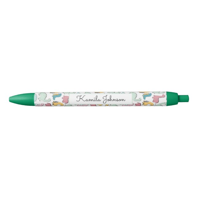 Cute Colourful Dinosaurs Pattern Script Name Black Ink Pen (Front)