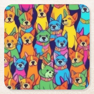 Cute colourful dogs happy dogs square paper coaster