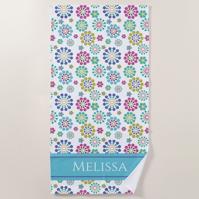 Cute Colourful Dot Flower Pattern Personalized Beach Towel (Front)