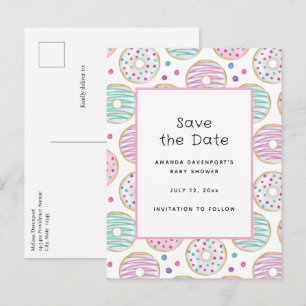 Cute Colourful Doughnut Pattern Baby Shower Announcement Postcard