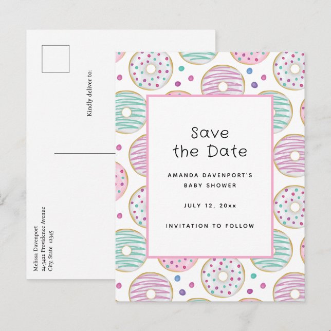 Cute Colourful Doughnut Pattern Baby Shower Announcement Postcard (Front/Back)