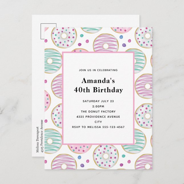 Cute Colourful Doughnut Pattern Birthday Invitation Postcard (Front/Back)