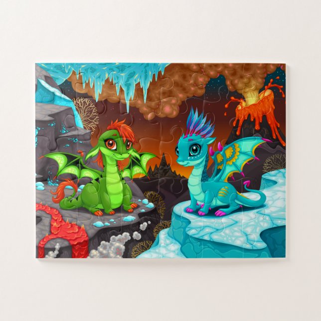 Cute Colourful Dragons Volcano Valley Jigsaw Puzzle (Horizontal)
