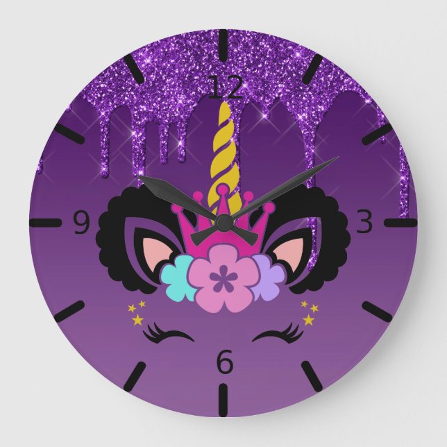 Cute Colourful Dripping Glitter Unicorn Large Clock (Front)