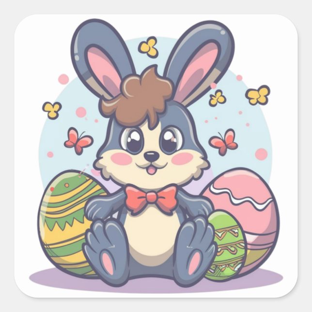 Cute Colourful Easter Bunny Eggs Square Stickers (Front)