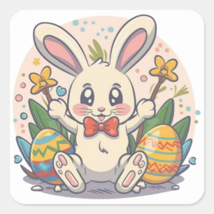 Cute Colourful Easter Bunny Square Stickers