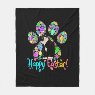 Cute Colourful Easter Eggs Paw Tuxedo Cat Happy Ea Fleece Blanket