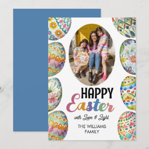 Cute Colourful Easter Eggs Photo Greetings Blue Holiday Card